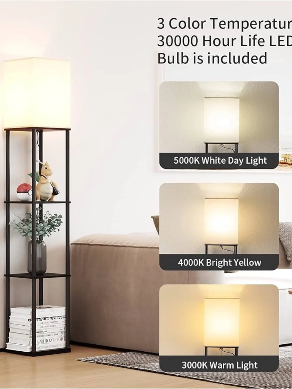 Modern Black Floor Lamp with White Shade and Shelves
